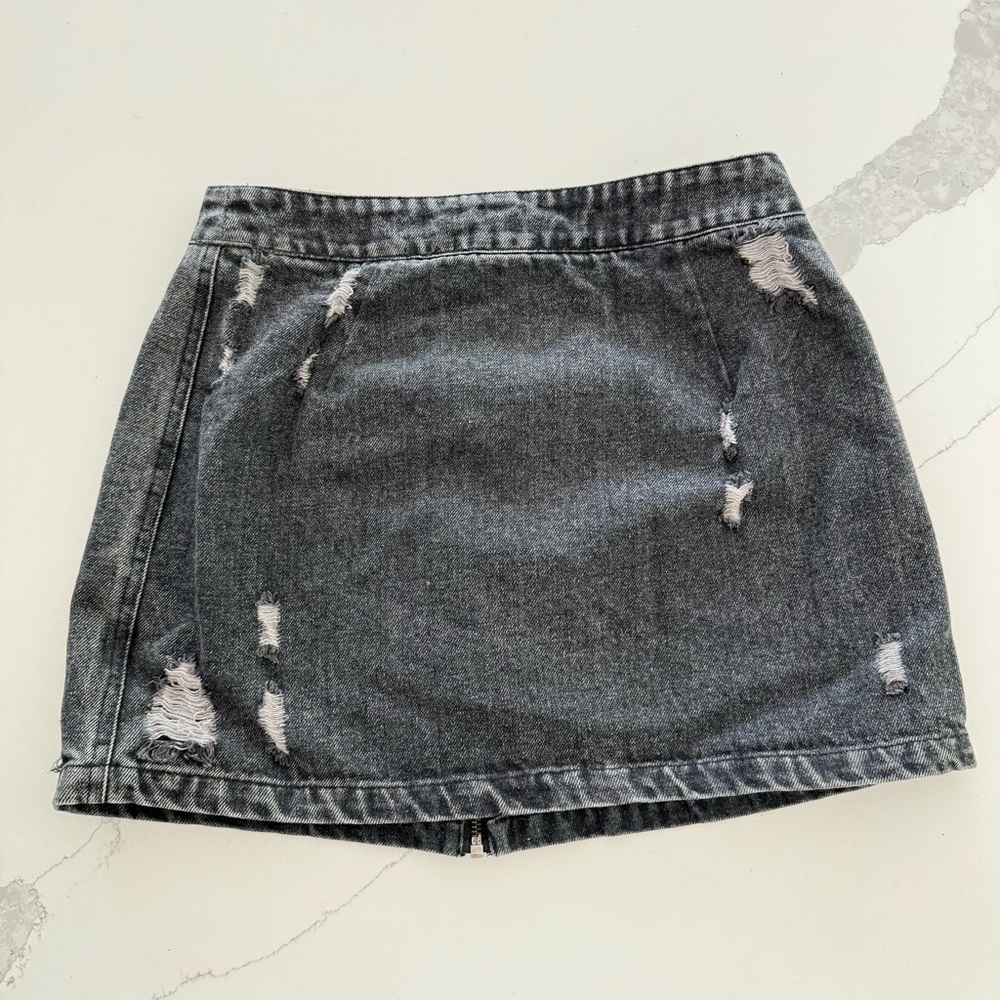 Revolve Storia Distressed Zipper Black Denim Micro Mini Pencil Skirt Medium EUC